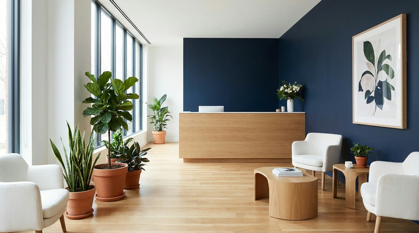 Reception area of a modern dental clinic with a navy accent wall